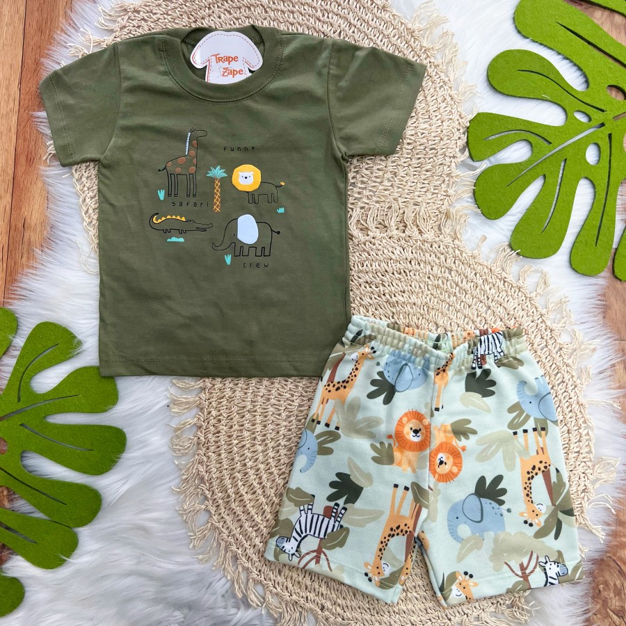  Conj. Camiseta Funny Safari Crew e Bermuda - Verde Musgo